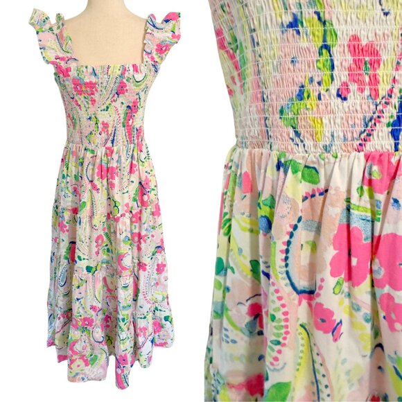 NWT Crown & Ivy Size Medium Smocked Midi Dress Floral Pink Green Sleeveless - Picture 2 of 10